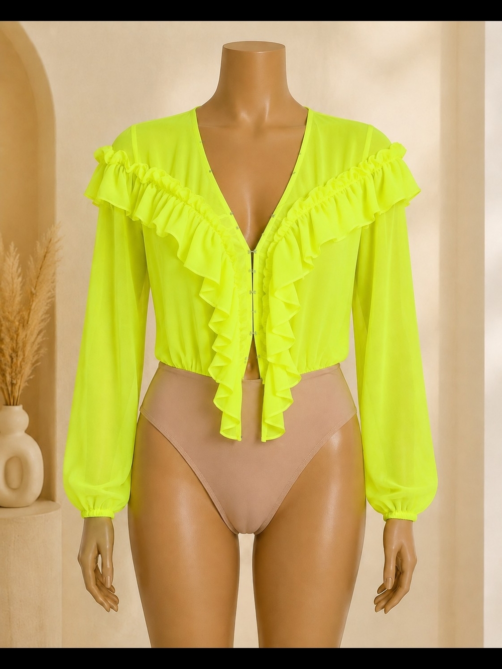 Fashion Nova Neon Lime Ruffle Sheer Bodysuit Large